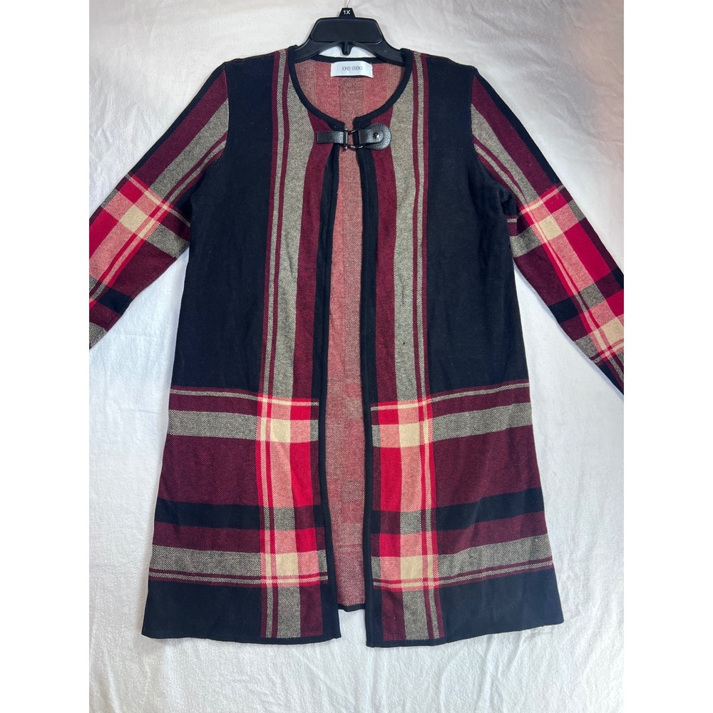 Jones Studio Womens Red Black Plaid Buckle Open Front Longline Cardigan 1X